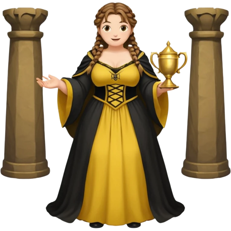 Helga Hufflepuff,brown-haired,2 braids,yellow-black medieval open dress,deep neckline,fat macromastia,black cloak decorated with gold braiding,gold cup with two handles,very kind smile,curvy busty sweet woman,round rosy cheeks,full length with medieval shoes emoji