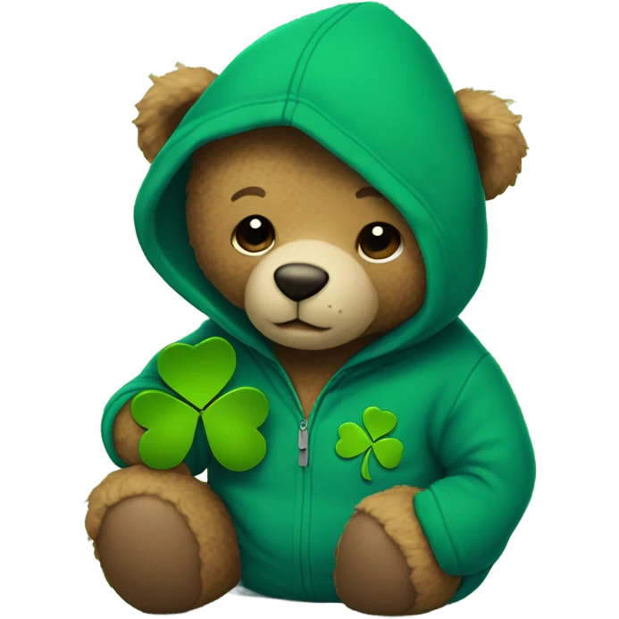 
A teddy bear wears a blue hoodie and holds a shamrock emoji