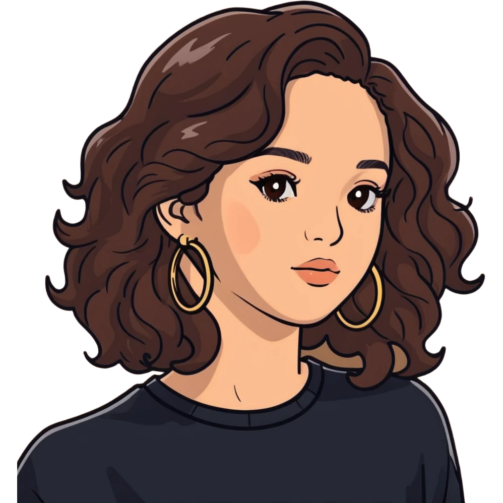 cute girl with curly/wavy balayage brunette hair, brown eyes, clean girl makeup, hoop earrings emoji