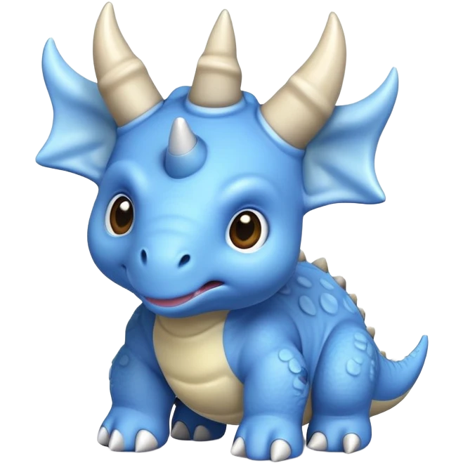 A small blue baby triceratops toy with stubby horns and a pacifier emoji