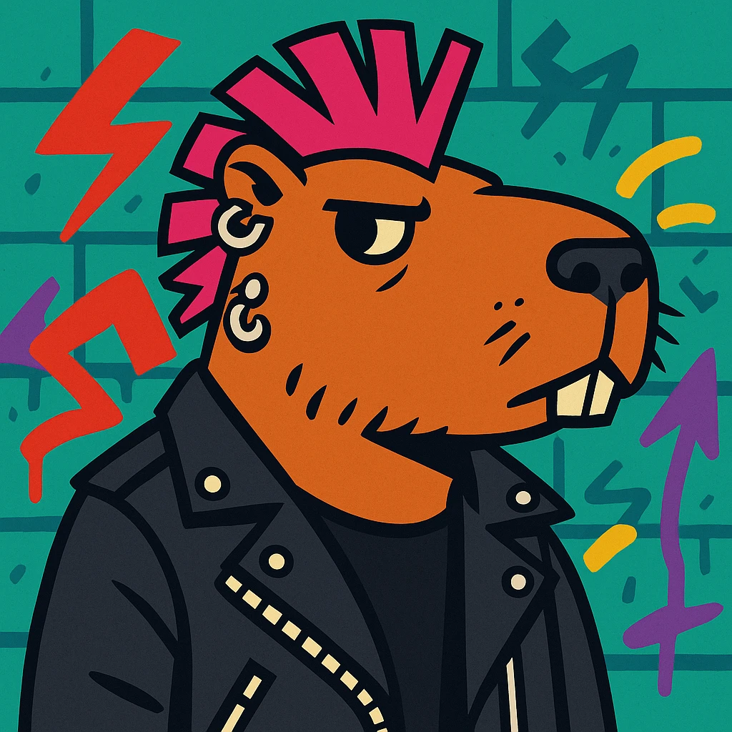 Chigüiro Punketo, a capybara with a punk style: mohawk, piercings, leather jacket, attitude, graffiti background emoji