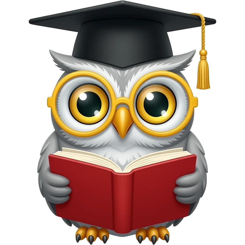 Education grey owl wearing a black graduation cap with a yellow tassel and round yellow-framed glasses. The owl has large expressive eyes with green irises and black pupils, and is holding a red open book with cream-colored pages. emoji