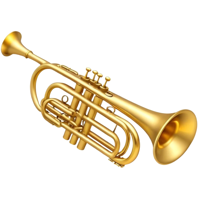 Create a sleek and professional emoji representing a Stomvi trumpet. The design should showcase the shiny, polished brass body of the trumpet with its distinct bell, valves, and tuning slides. Highlight the intricate keywork and the valve pistons, with detailed metallic accents and subtle reflections on the surface. The mouthpiece should be visible at the top of the instrument. Use golden and brass tones with light reflections to emphasize the smooth, high-quality finish. Add a few musical notes floating around the trumpet to evoke its bright and resonant sound. The background should be transparent. emoji