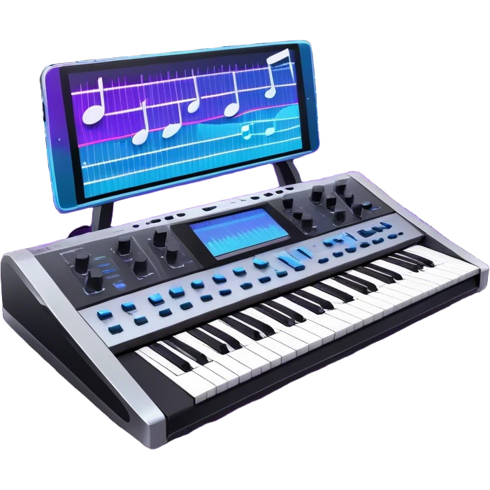 Create a professional and artistic emoji that represents sound design. The design should feature essential sound design equipment, including a high-end Korg synthesizer, a sound mixing console with visible wires, large studio speakers, and a microphone. Surround the equipment with flowing, abstract sound waves and musical notes to symbolize the fluid, creative nature of sound design. Add subtle effects like glowing sound frequencies or swirling patterns to represent the dynamic manipulation of sound. Use sleek, modern colors like black, silver, neon blue, and purple to evoke a sense of innovation and artistic exploration. The background should be transparent. emoji