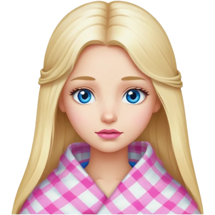 A beautiful blonde girl with long hair, blue eyes, pink lips is wrapped in a white plaid with her head emoji