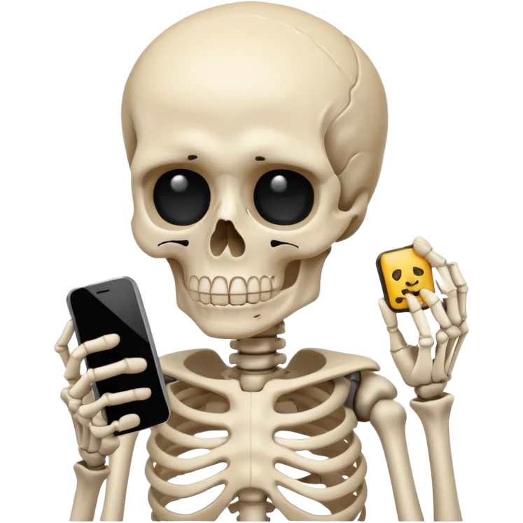 a sad human skeleton holding a mobile phone, emoji style emoji