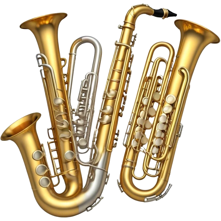 Create a professional and elegant emoji collage symbolizing wind instruments, using a combination of copper, white metal, and black wood. The design should feature iconic instruments like a trumpet, saxophone, tube, oboe, and horn. Each instrument should be represented with its key elements clearly visible.
Each instrument should be designed with realistic textures, including the gleam of metal and the deep, rich tone of black wood. Arrange the instruments in a balanced and harmonious way, making sure the elements are easily recognizable. Use metallic gold, silver, and copper tones with black wood accents. The background should be transparent to highlight the instruments. emoji