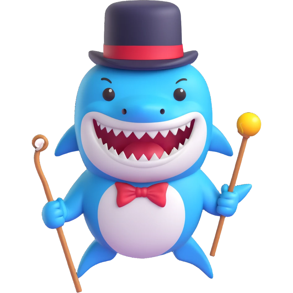 Add a cane to the shark with a top hat, keep the playful 3D emoji style, no background. emoji