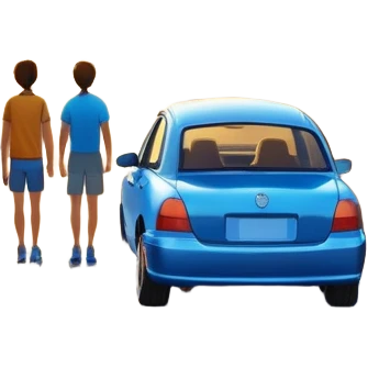 A parked blue car sits quietly on the side of an open road, facing a breathtaking sunset. Two people stand outside, backs turned, watching the horizon. The road stretches endlessly ahead, surrounded by a peaceful, glowing landscape full of light, warmth, and possibilit emoji