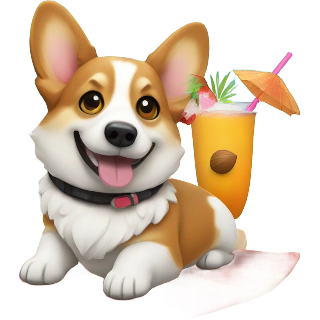Corgi on the beach with a coconut drink emoji