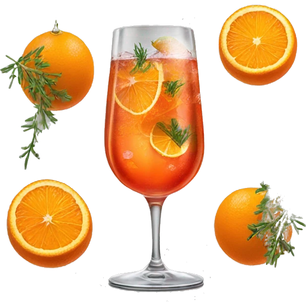 An Aperol spritz in a glass with ice, a strand of thyme in it, and a slice of an orange  emoji