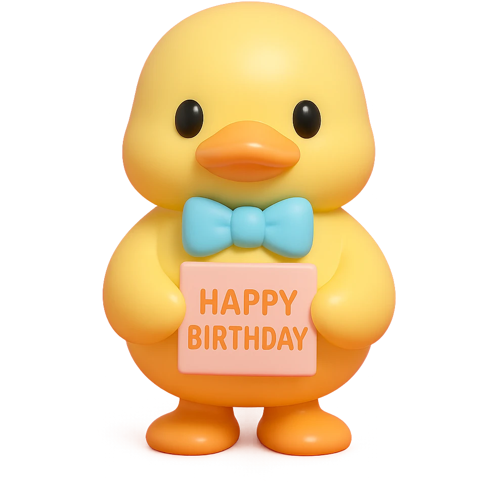 duck with bowtie holding birthday card, vinyl figure style emoji