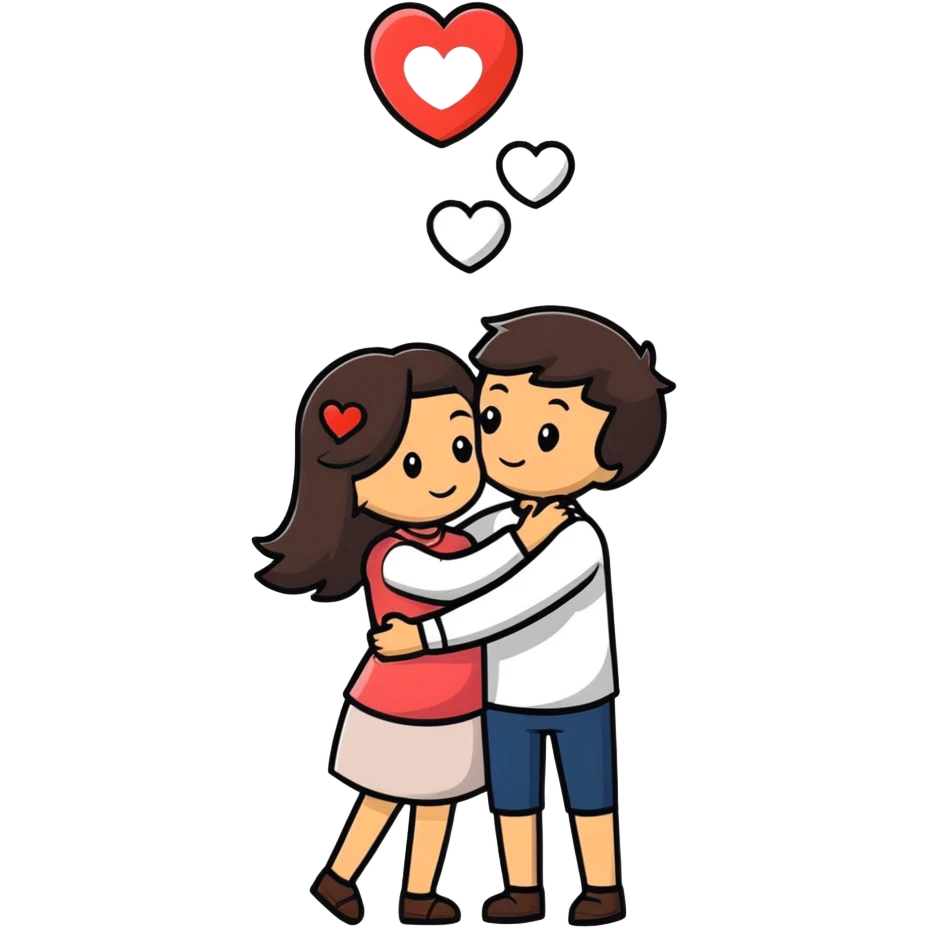 A couple embracing each other. The man has mestizo skin tone, slightly long dark brown straight hair. The woman has light skin, long dark brown hair. White hearts floating around them. emoji