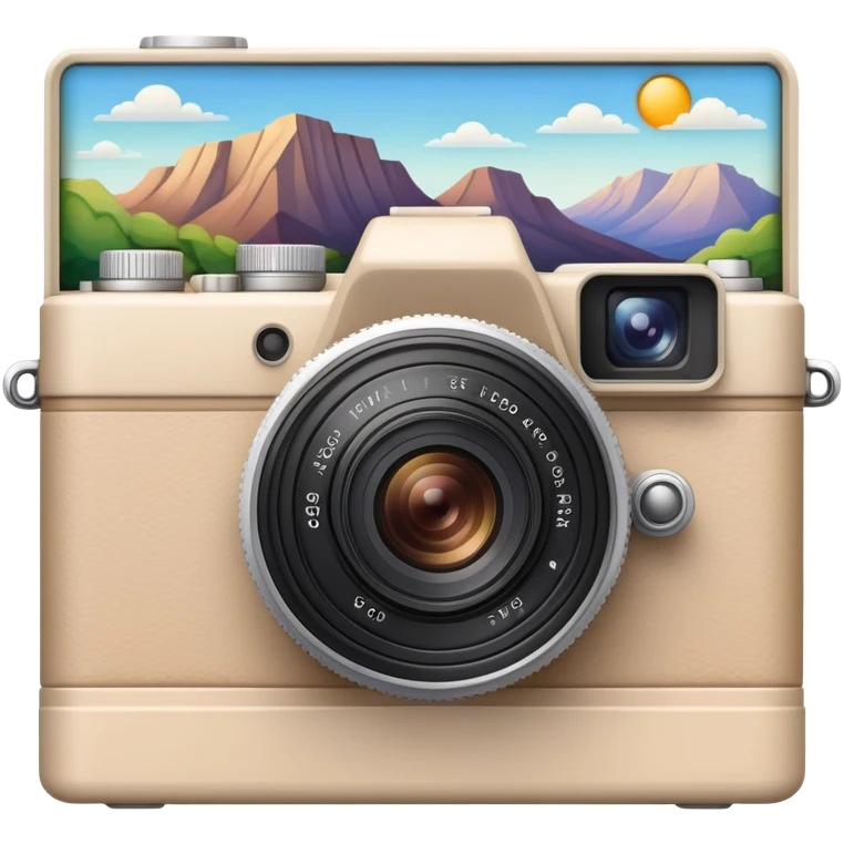 A beige camera and next to it a landscape photograph of the frame behind the camera emoji