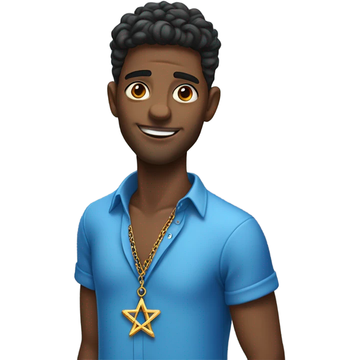 male model in blue shirt with Jewish star necklace emoji