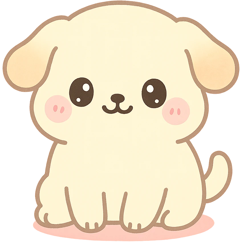 super kawaii, fluffy chubby puppy sitting, round face, big sparkly eyes, blushing cheeks, tiny limbs, short tail, soft fluffy fur; hand-drawn Japanese kawaii style, watercolor pastel tone, consistent colors cream, pastel pink, pastel yellow, baby blue emoji