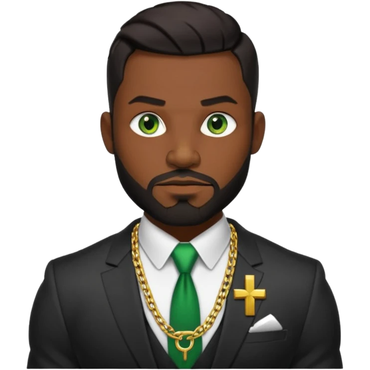 green eyes, dark short hair, muscular shoulders, wide cross, gold chain, big lips big nose big eyes, masculine good looking, dark beard wearing a suit emoji