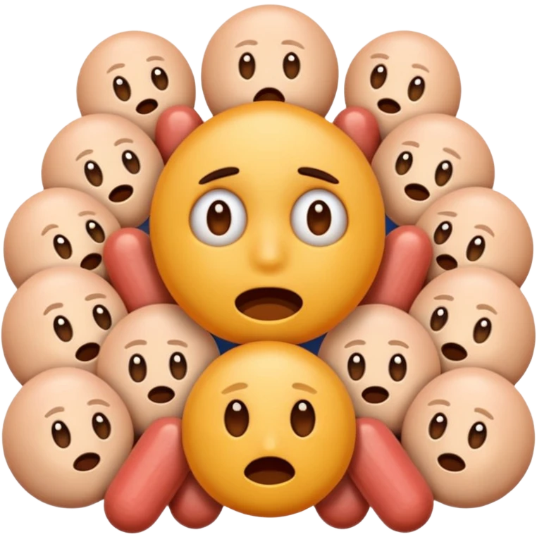 I want an emoji with a bunch of phallic-like objects surrounding them, and the emoji’s face should show fear. The main emoji should look more like a standard emoji face, and the objects around him/her don’t need to have faces too. They should just be a bunch of penis-shaped things emoji