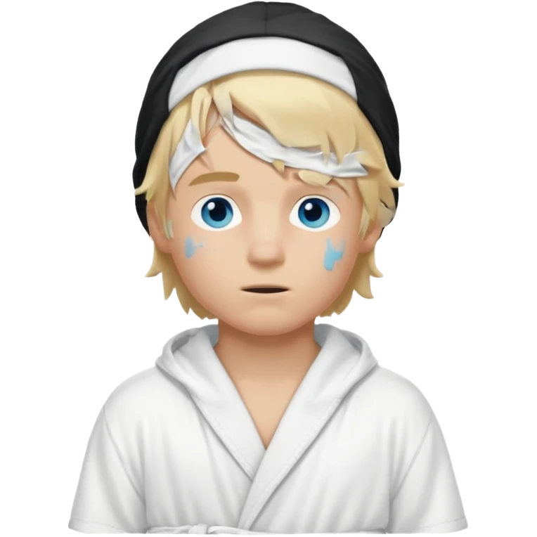 Create a blond boy with long, messy hair, light eyes, a white t-shirt, long hair, blue eyes, medium length, voluminous, wearing a white Nike bathrobe and a little blush near his nose. He also wears a balaclava, the kind a gangster balaclava wears, covering his entire face, and make him cute. emoji