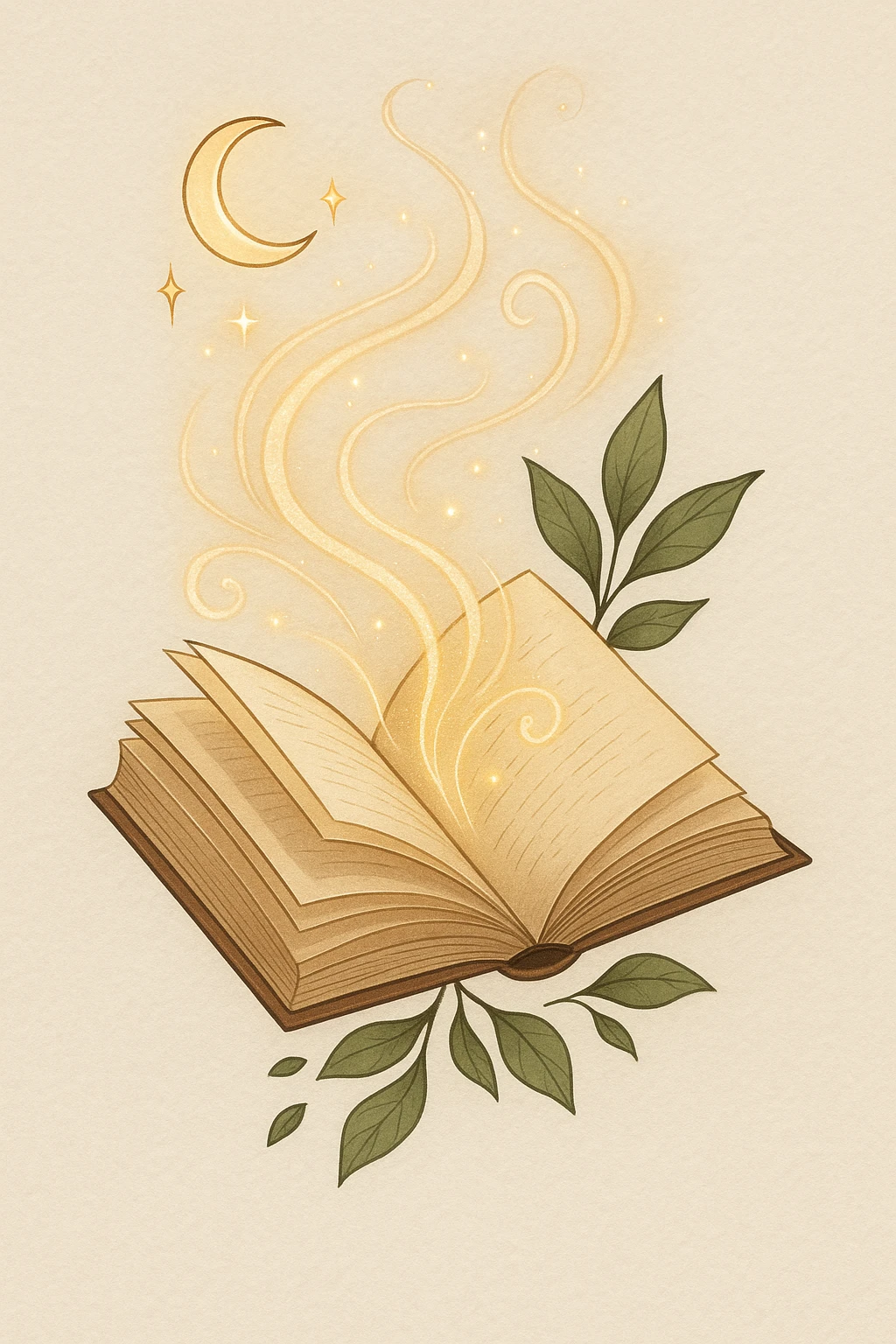 Create a simple, elegant illustration of a book with magical swirls and glowing effects coming out. Include detailed shadows and light reflections, matching the style of the reference image. emoji