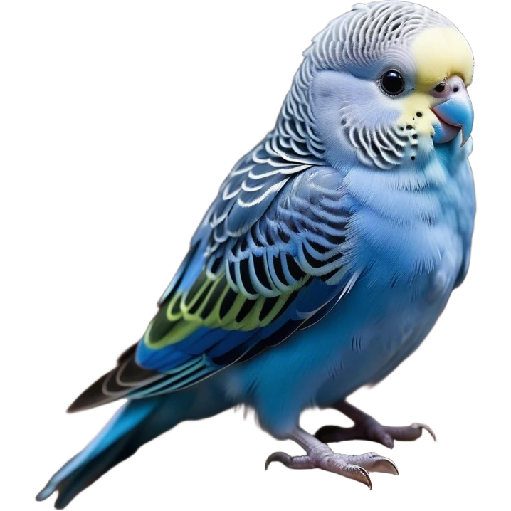 Cinematic Noble Blue Budgie Portrait Emoji, Poised and regal, with a petite, delicate build and a smooth, well-groomed fur of vibrant blue feathers, deep-set soulful dark eyes, Simplified yet sharp and sophisticated features, highly detailed, glowing with a soft, dignified glow, high shine, intelligent and charming, stylized with an air of elegance, focused and attentive, soft glowing outline, capturing the essence of a watchful and confident avian companion, so majestic it feels as though it could flutter out of the screen with effortless authority! emoji