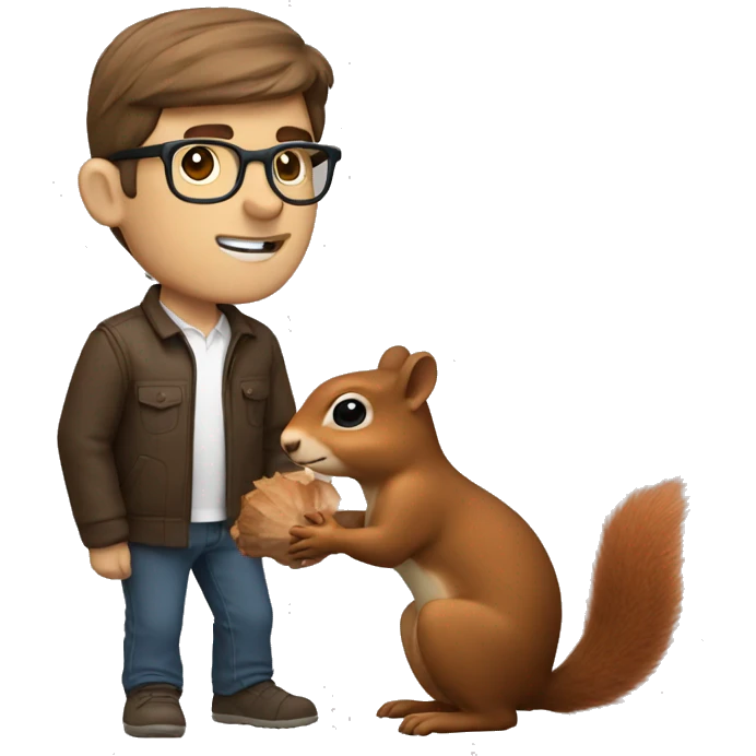 A Man with Brown hair, with a glasses and fair skin feeds a squirrel  emoji