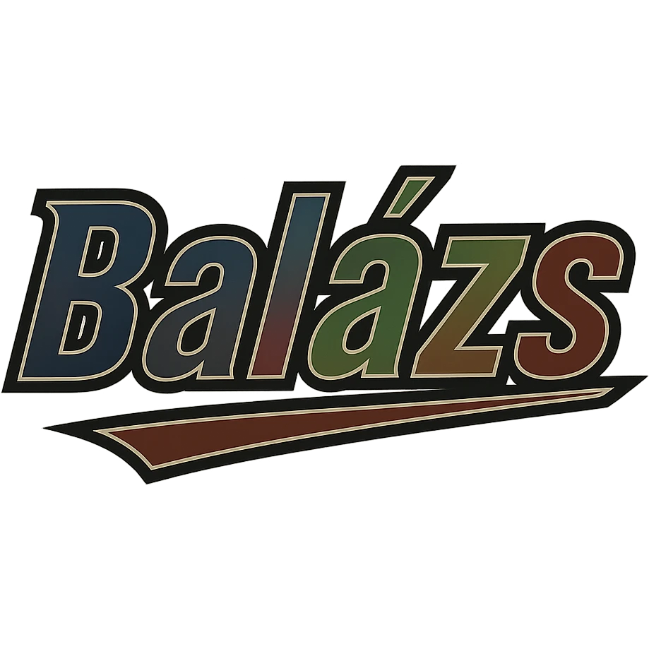 Text design of the name 'Balázs' in a masculine, modern, gradient font with dark contour and thin white edging, dynamic slanted underline, masculine color shades including blue, gray, burgundy, green, and brown, 1000x1000 px, PNG, transparent background, in the style of the uploaded Attila sample. emoji