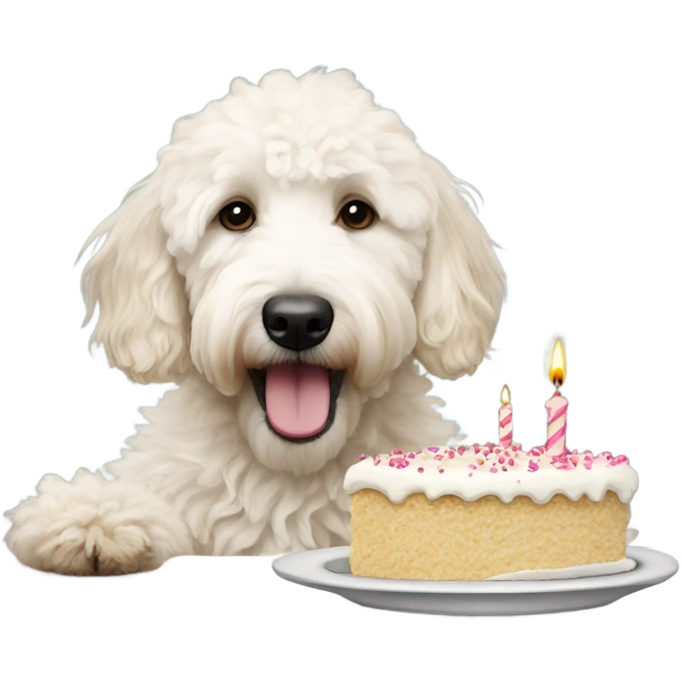 White Goldendoodle eating birthday cake  emoji