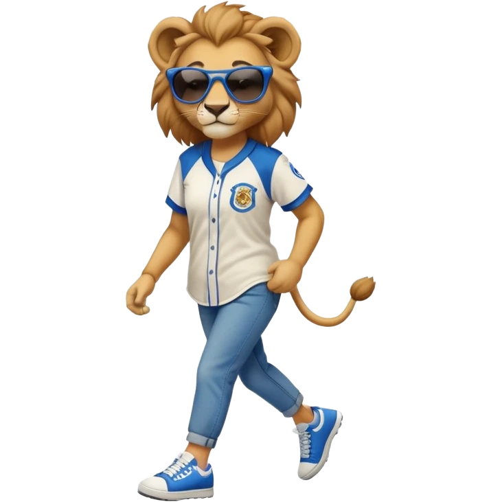 friendly anthropomorphised female lion wearing a baseball shirt, jeans, trainers, dark sunglasses, walking upright with a confident stride emoji