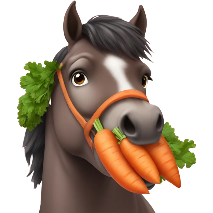 A chubby brown horse with rosey cheeks eating a carrot emoji