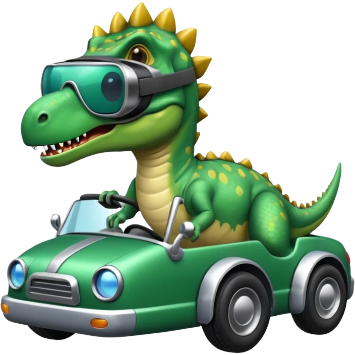 Dinosaurio subido en un carro tecnológico con lentes de realidad virtual emoji