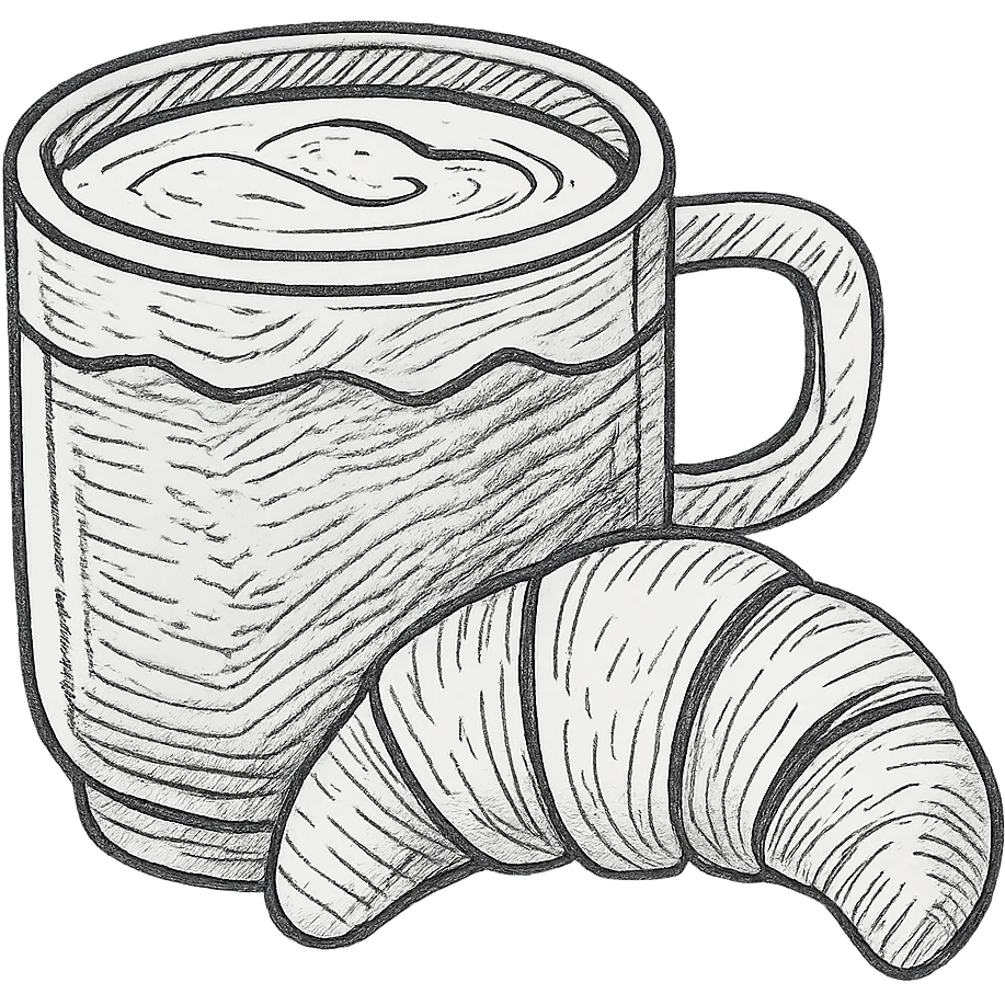 Make the matcha latte and croissant more detailed, add intricate linework and texture, keep the hand drawn outlined style. emoji