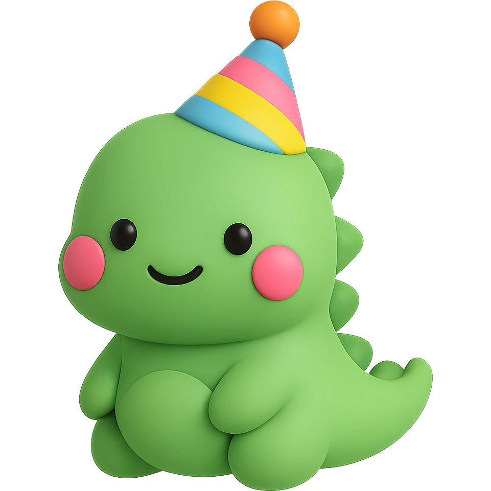 An adorable baby dinosaur with a colorful party hat emoji