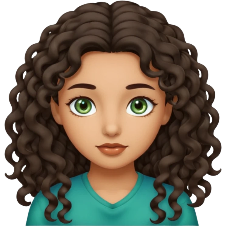 Olive skin girl with long curly dark brown hair blueish green eyes emoji