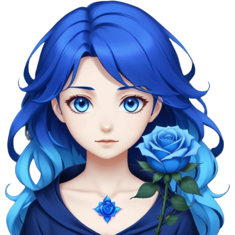 anime girl with dark blue hair, blue rose in hair, glowing blue eyes, Solo Leveling style, sharp features, blue magical aura, 2D emoji emoji