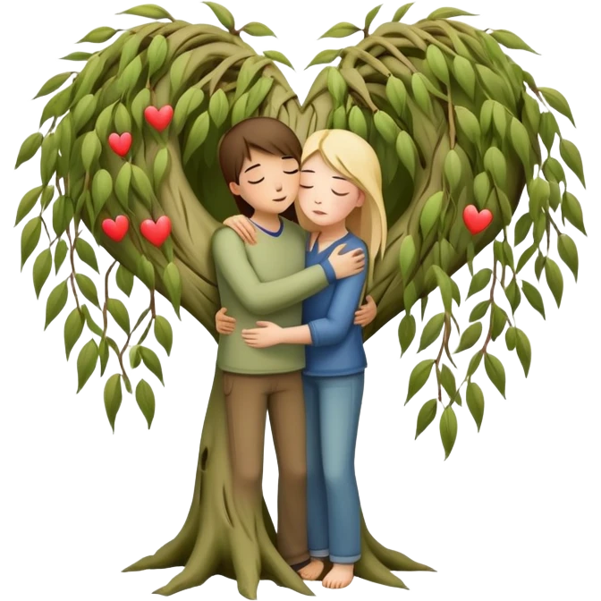 heart-shaped weeping willow tree surrounding two friends hugging in a comforting way, supportive embrace, with small heart symbol emoji