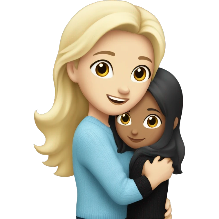 Blonde caucasian girl wearing light blue sweater ,hugging, black-haired Caucasian girl wearing black sweater emoji