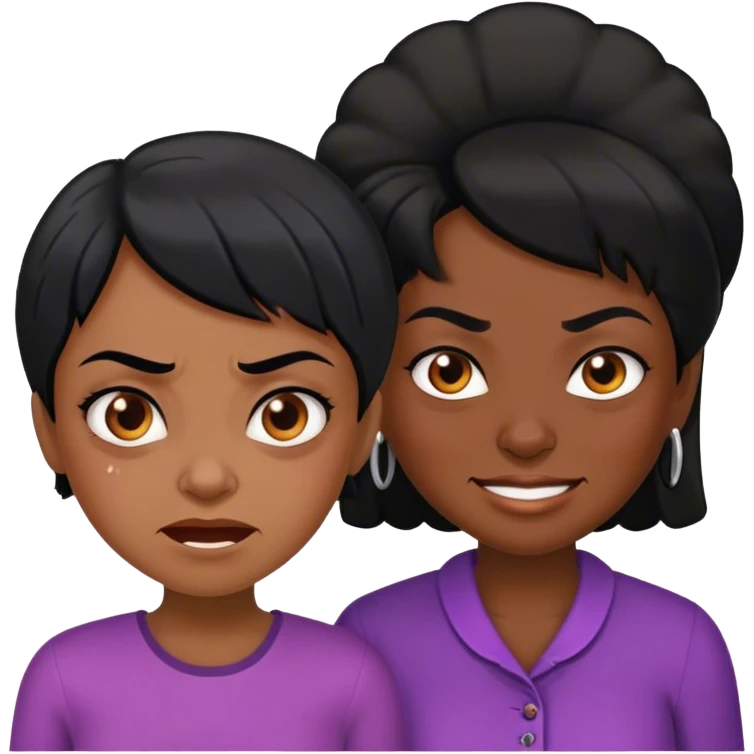 a black-skinned angry girl with black hair next to an older black lady who smile emoji