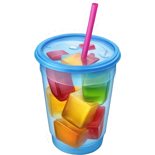 Realistic plastic cup and lid with juice and large ice cubes inside and colorful straw poked through the top of the lid. emoji