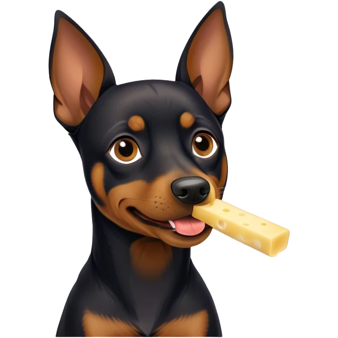 A black German pinscher eating with flappy ears a piece of string cheese emoji