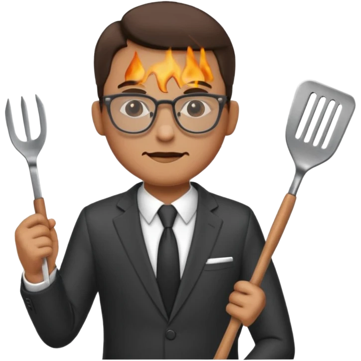 man with glasses wearing a suit and holding a grilling spatula emoji