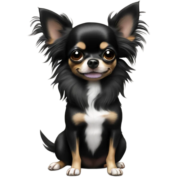 100% Black long haired Chihuahua giving peace sign emoji