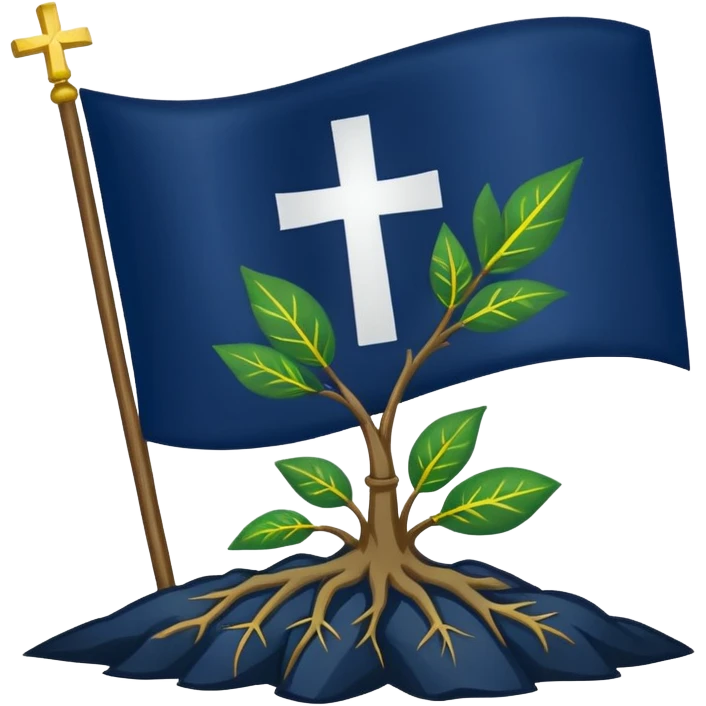 a flag with a Navy blue background with a white cross in the center, roots coming down from the bottom of the cross, a green leaf in the top right corner of the flag, and a slightly dark yellow star rising from behind the cross. emoji