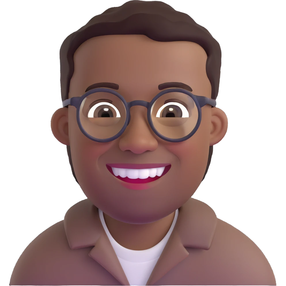 smiling black man with glasses, big teeth, standard male haircut, rural farmer, oval face emoji