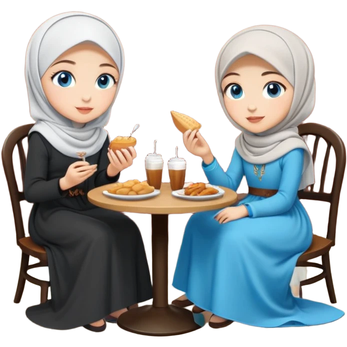 Turkish beautiful finish Konya girls blue eyes with lovely hijab long tail dress and the two friends sits on the chair on the ground and eating the food in the restaurant  emoji