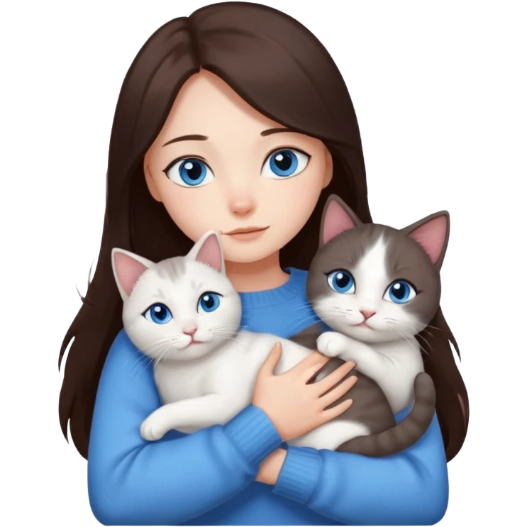 a girl with long dark 
brown hair, with blue eyes, in a
white sweater, hugs 3 different natural coloured cats emoji