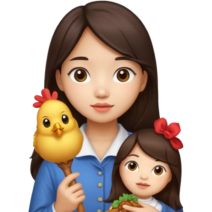 korean girl with long dark brown hair holding a chicken drumstick, cute emoji style emoji