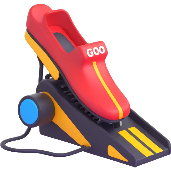 A simple 2D emoji-style illustration of a right foot pressing down on a car gas pedal. The pedal is labeled with “GO” and motion lines show acceleration. Bright, clean cartoon style with clear shapes and bold colors. emoji