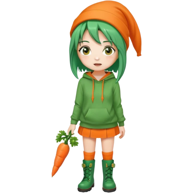 cute green-haired girl with orange eyes, wearing an orange hoodie, green skirt, orange knee socks, and green boots, with a small carrot accessory on her head, big expressive eyes, simple emoji face, round head, clean vector style emoji