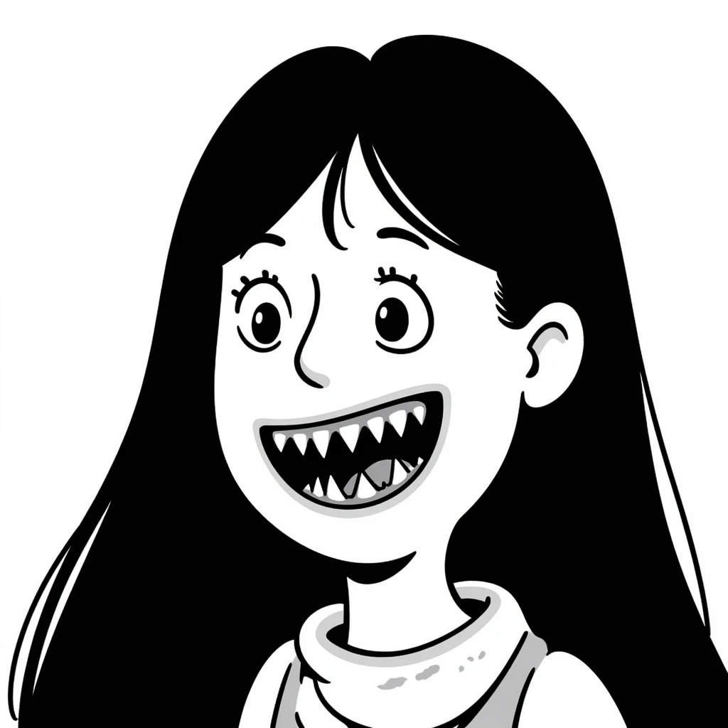 japanese horror style woman with extremely long black hair, pale white face, wide unblinking eyes, and a distorted mouth filled with hundreds of sharp jagged teeth emoji